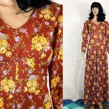 Vintage Floral Rust Maxi Dress Long Sleeves Flowers V-Neck Hostess Gown 1960s Dopamine Dressing 1970s 70s Brown Empire Prom Formal Medium 