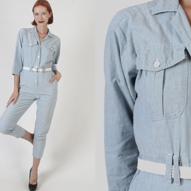 Chambray Skinny Leg Belted Jumpsuit / Buton Up Minimalist Playsuit / Womens Capri Pant Suit With Pockets 