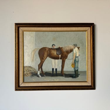 1970's Vintage Enid  Equestrian Race Horse Oil Painting, Framed 