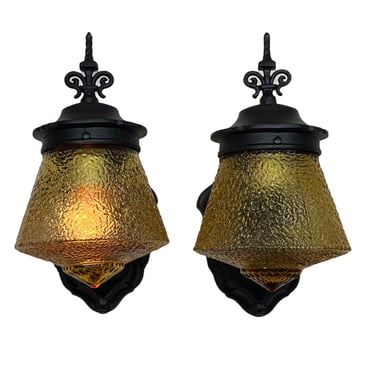 Pair cast zinc porch lights with amber glass shades #2374 