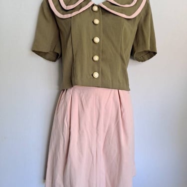 Vintage 1980's Hand Sewn Olive Green Crop Top and Pink High Rise Culotte Outfit 26-30