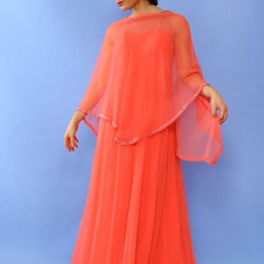 Shannon Rodgers Coral Rhinestone Chiffon Gown S