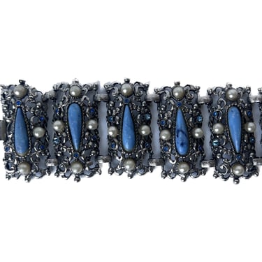 Vintage Silver Tone Panel Bracelet, Blue Bead and Faux pearl Bracelet, Vintage Bead Bracelet, Statement Panel Bracelet, 60's Panel Bracelet 