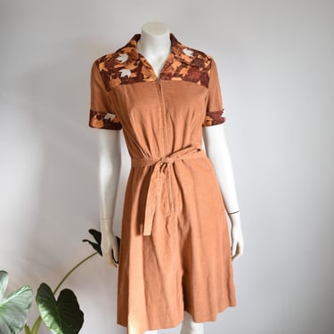 1970s Corduroy and Fall Leaves Dress - M/L 