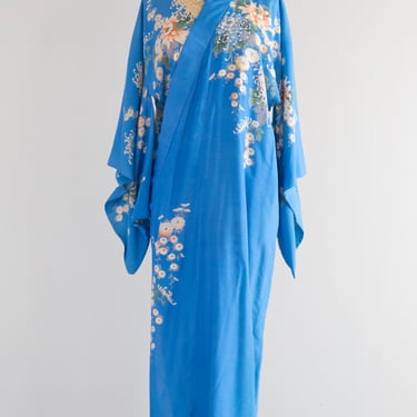 Enchanting Vintage 1930's Blue Floral Print Silk Kimono / OS