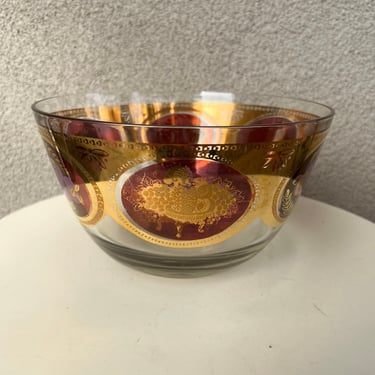 Vintage MCM large glass bowl gold burgundy fruit harvest theme by Cera 9.5” x 5 3/4” 