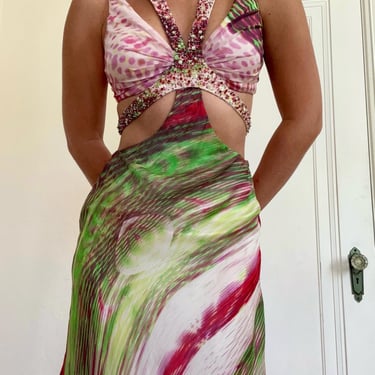 Vintage Y2K Jovani Silk Beaded Cut Out Gown Dress Multi Colored XS Small by TimeBa