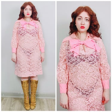 1960s Vintage Pink Lace Bow Shift Dress / 60s / Sixties Dolly Dagger Collar Sheer Mod Dress / Size Large 