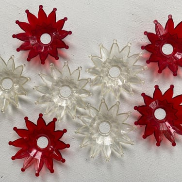 Vintage Christmas Light Reflectors Set Of 8, Starburst, Star Reflector, Acrylic Xmas Lighting Reflectors, Red And Clear, Maybe Noma 