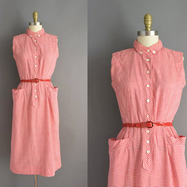 1950s dress | Adorable Red Gingham Cotton print Summer Day Dress | Medium | 50s vintage dress 