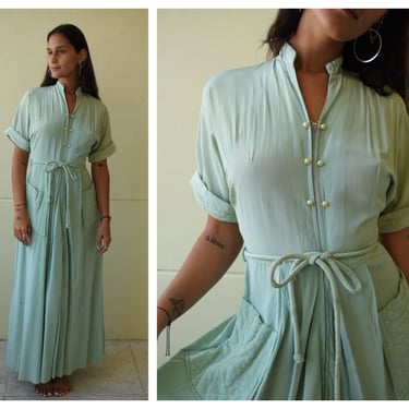 1940s Rayon Dress / 40s Mint Green Zip Front Quilted Pockets Lounging Printed Dress / Light Green  40s Dress 