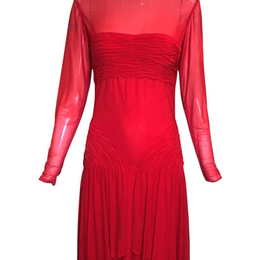 +++'80s Red Ruched Semi-Sheer Jersey Cocktail Dress