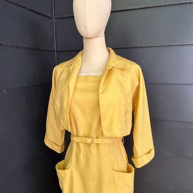 Daffodil Linen Wiggle Dress and Bolero Set 34 Bust Vintage 