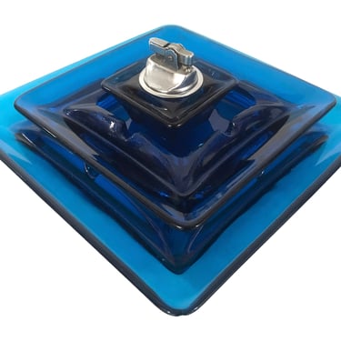 Vtg 3-Peice Viking Glass Smoke Set | Bluenique Ashtrays & Lighter | MCM Barware | Retro Art Glass | Trinket Dish Color Pop Catchall 