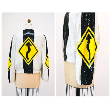 80s 90s Vintage Sequin Jacket by Lillie Rubin Black White Yellow Street Signs // Vintage Black and White Sequin Jacket Yellow Arrow Pop Art 