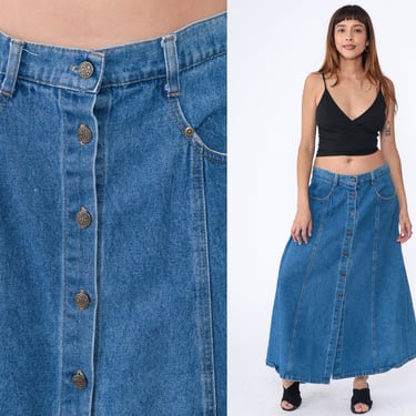 Denim Maxi Skirt Jean Skirt 90s Button Up Skirt 1990s High Waisted Flared Skirt Retro Vintage Blue Extra Large xl 34 