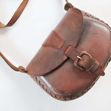 Vintage 70s Brown Leather Satchel Bag - Dark Brown Crossbody Purse - Bohemian Hippie Adjustable Skinny Strap Saddle Bag 