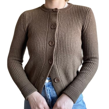 American Vintage Womens Brown Ribbed Lambswool V Neck Preppy Academia Cardigan S 