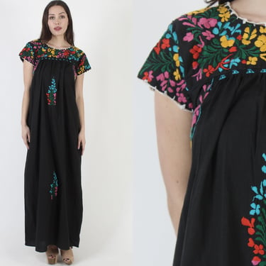 Black Oaxacan Maxi Dress / Colorful Floral Mexican Embroidered Dress / Womens San Antonio Cotton Vestido / Made In Mexico Long Frida Outfit 