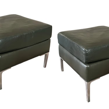 Pair of Forest Green Leather Upholstered Square Stools/Benches wit Brushed Steel Legs