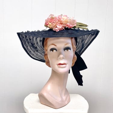Vintage 1930s 1940s Black Wide Brimmed Mesh and Horsehair Picture Hat with Open Criss-Cross Woven Crown, VFG 