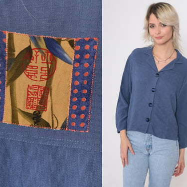 Asian Inspired Blouse Chop Stamp Patch Shirt 90s Solid Blue Shirt Vintage Button Up Long Sleeve 1990s Textured Embossed Yoke Small 