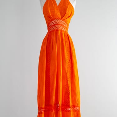 Fabulous 1970's Orange Crush Mexican Halter Gown / Medium
