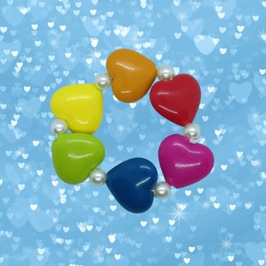 Vintage 80s Heart Bracelet - Rainbow Hearts Beaded Jewelry 