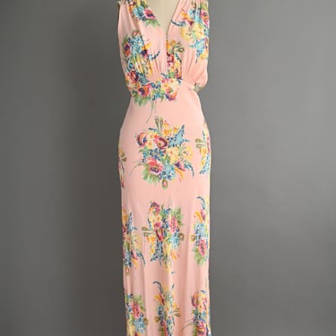 Vintage 1940s Lingerie Slip Dress | Romantic Peach Pink Floral Print Bias Cute Cold Rayon Lingerie Slip Dress | Medium 