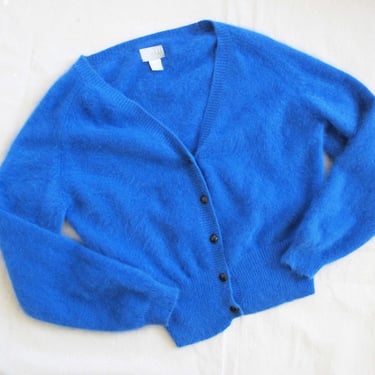 Vintage 80s Esprit Angora Blend Bright Blue Cardigan S  - Fuzzy 1980s V Neck Grunge Grandpa Cardigan Sweater 