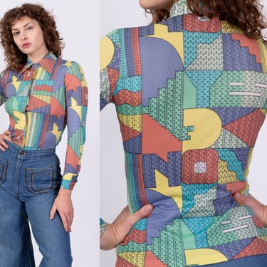 70s Yes & No Geometric Novelty Print Disco Top - Extra Small | Vintage Jason Silverstein Sheer Long Sleeve Collared Button Up Shirt 