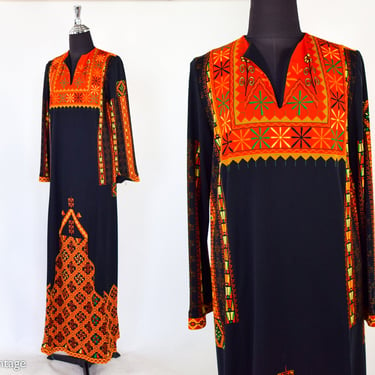 1970s Black & Orange Print Hostess Dress | 70s Orange Black Ethnic Print Caftan | Gottex Israel | Medium 