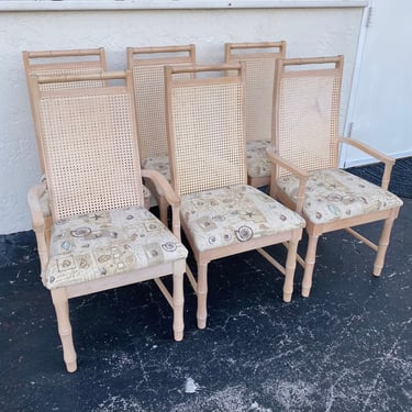 Set of 6 Faux Bamboo Dining Chairs by Broyhill - Vintage Rattan Cane Whitewash Hollywood Regency Coastal Furniture 