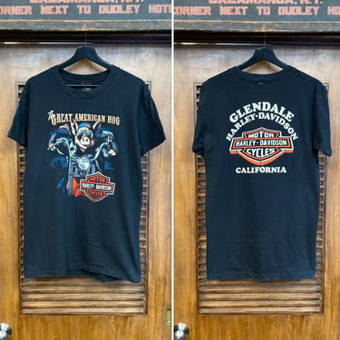 Vintage 1990’s 100% Cotton 3D Emblem Harley Davidson Great American Hog Motorcycle MC Dealership T-Shirt, 90’s Tee Shirt, Vintage Clothing 