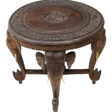 Antique Anglo-Indian Carved Elephant Head Sculptural Occasional Table / Coffee Table India Late 19th / Early 20th Century 