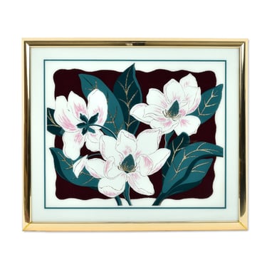 Vintage 1980s Post Modern White Magnolia Floral Wall Art with Gold Glitter 