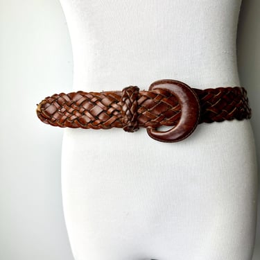 Vintage 90’s brown leather braided belt~ boho style mahogany thick woven belts~ Open size up to 33” waist/ as-seen 