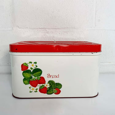 Vintage Metal Bread Box Strawberries Enamel Mid-Century Flowers Kitchen Strawberry Red Metal Holder Container 1970s 1980s 