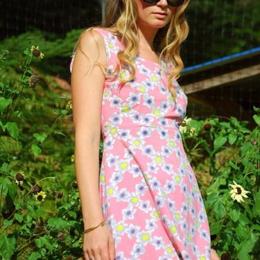 Vintage 1950s Dress, SMALL 50s Cotton Dress, Pink Yellow Floral Sun Dress, Garden Party Spring Summer Day Dress, Sleeveless Novelty  Dress 