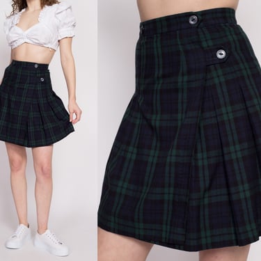 90s Navy Blue & Green Plaid Mini Wrap Skirt - Small | Vintage High Waisted Preppy Schoolgirl Pleated Miniskirt 