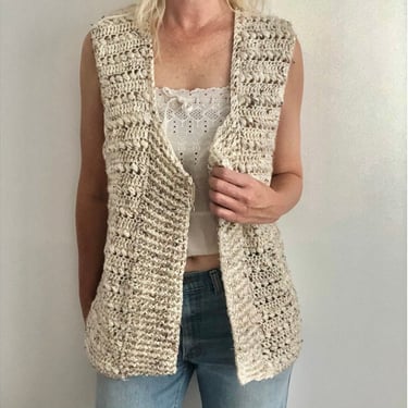 Vintage 1970s Hand Knit Beige Sweater Vest Boho Bohemian Vest 