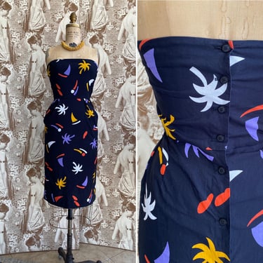 Vintage 1980s strapless wiggle dress, navy blue cotton sundress, retro nautical beach print, button back, body con pencil bandage, 25 waist 