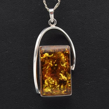 Big 60's sun spangled amber 925 silver pendant, simple abstract sterling arch figaro chain necklace 