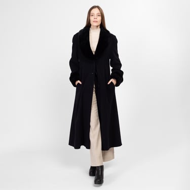 Small 90s Black Wool Fur Trim Princess Coat | Vintage Ashley Scott Single Breasted Button Up Long Winter Overcoat 