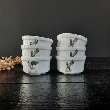 Digoin Sarreguemines Souffle Dishes Set for 6 French Porcelain White Ramekins Casserole with Birds, Mini Souffle Dish, Cups Souffle Molds 