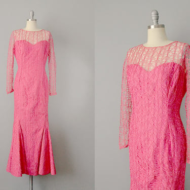 1950’s Grace Poliner Gown / Pink Silk Mermaid Dress/ Pink 50s Bombshell Dress /  Vintage Couture / Size Medium 