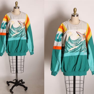 1980s Teal Blue Green, Tan and Orange Long Sleeve Novelty Wave Devils Toenail Pullover Sweatshirt by Adidas -XL 