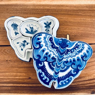 Vintage Chinese Butterly Blue + White Porcelain Dish | Sweet Meats Dishes | Butterfly Box with Lid | Lidded Dish Chinoiserie Trinkets Sauces 
