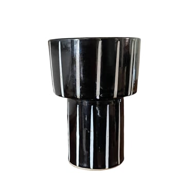 Mid Century Modernist Ikebana Pedestal Vase - Black & White Stripes 
