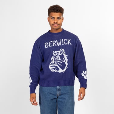 Large 90s Berwick Bulldogs School Mascot Sweater | Vintage Blue Cotton Knit Intarsia Pullover 